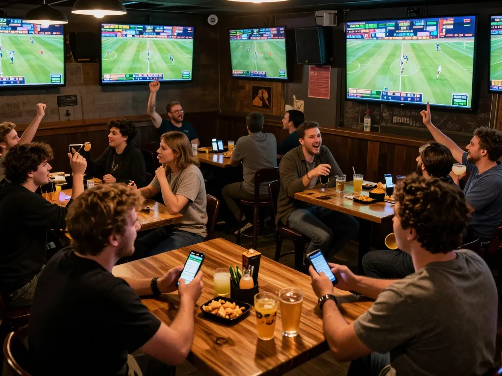 Fan engaging in sports betting excitement at F168 bar with live game screens and smartphone.