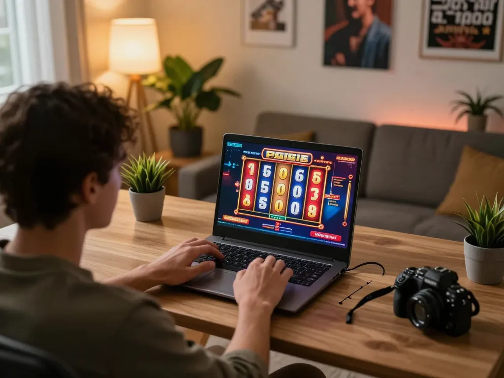 Player enjoying online slots at home, emphasizing Nhà cái Luck8's engaging gaming experience.