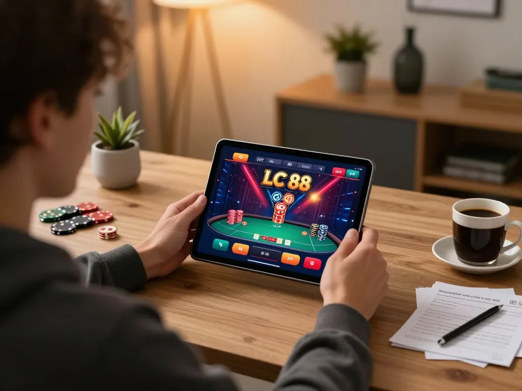 Player engaged with LC 88 app displaying poker game, showcasing a dynamic online gambling experience.