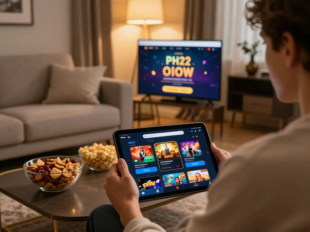 Player enjoying the PH22 casino app on a tablet in a cozy home setup, emphasizing online gaming.