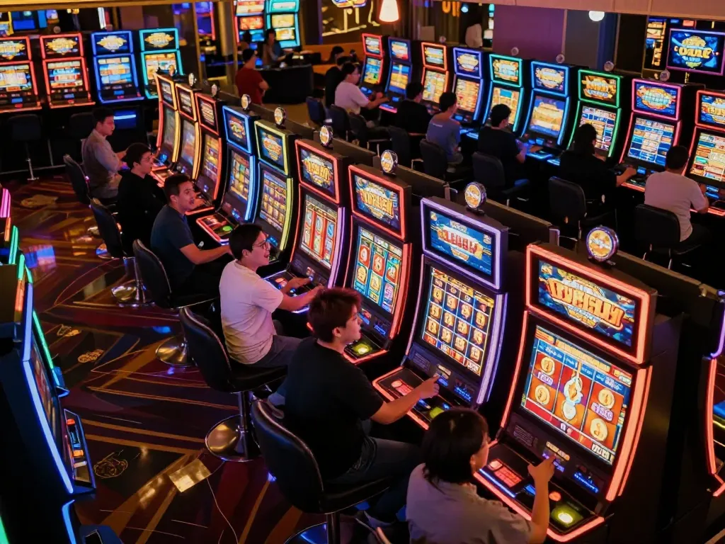 Players celebrating a big win while engaging with nổ hũ slot machines in a vibrant casino.