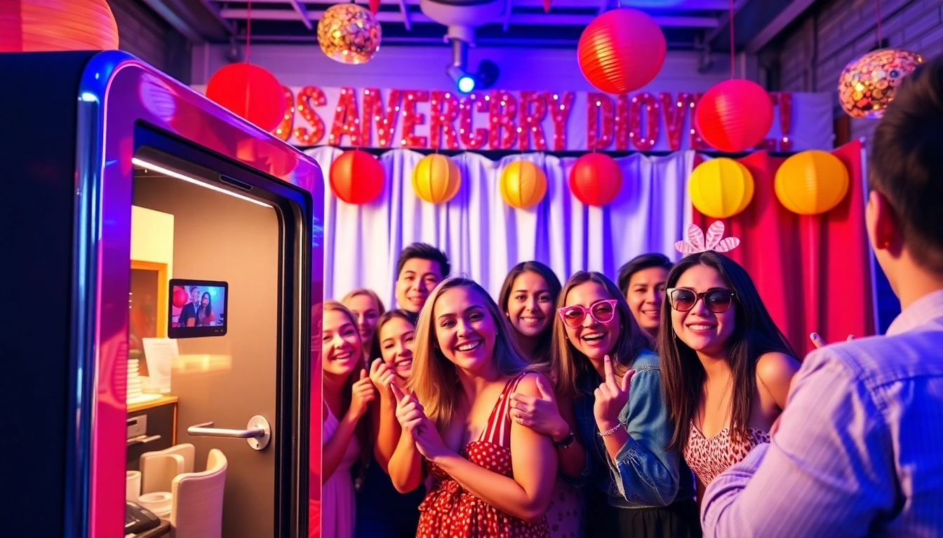Capture moments with a lively photo booth rental, showcasing guests in a vibrant, festive atmosphere.