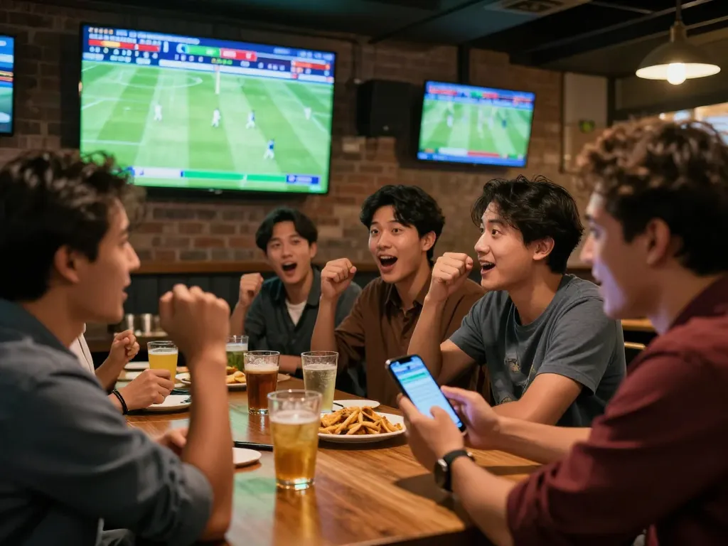 Betting on kèo bóng đá trực tuyến in a lively sports bar with friends enjoying the game