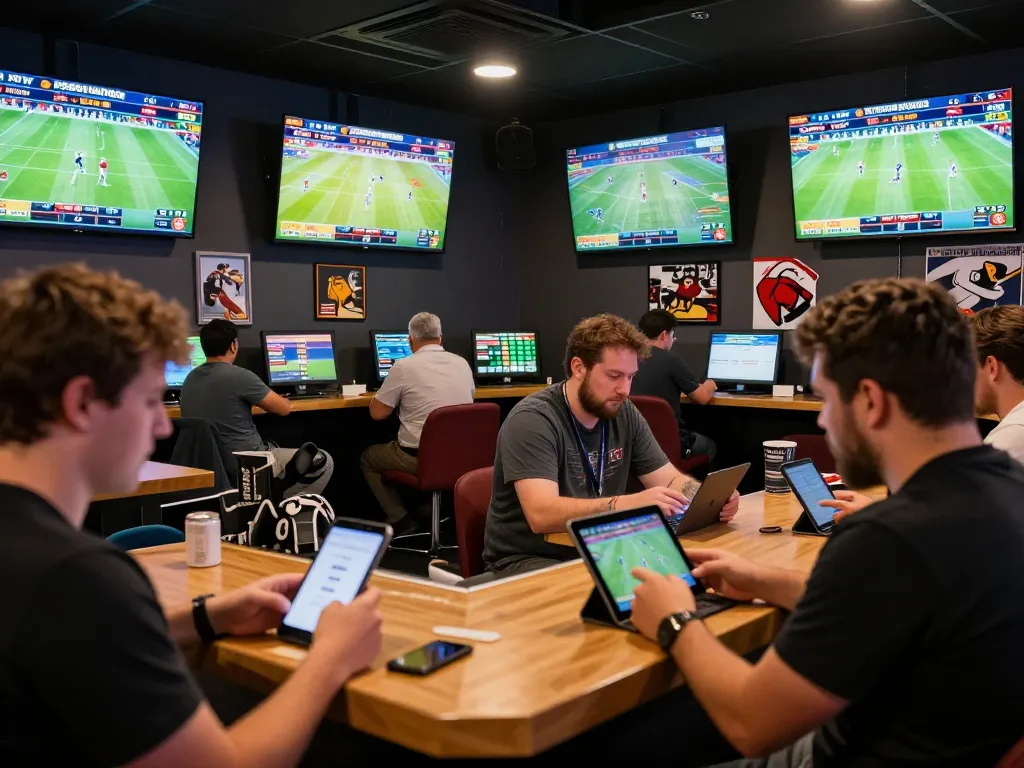 Engaged patrons using betting apps in a vibrant sports betting lounge, Link da88 chính thức enhancing the excitement
