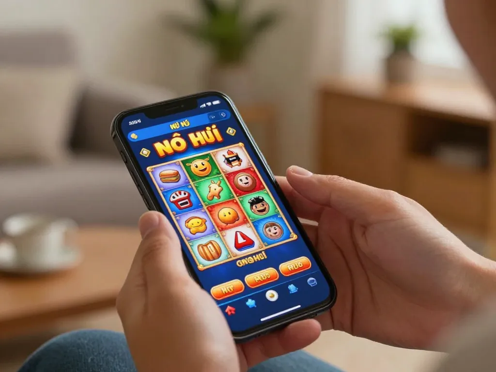 Nổ hũ gaming app shown on smartphone in a cozy home, highlighting engaging gameplay.