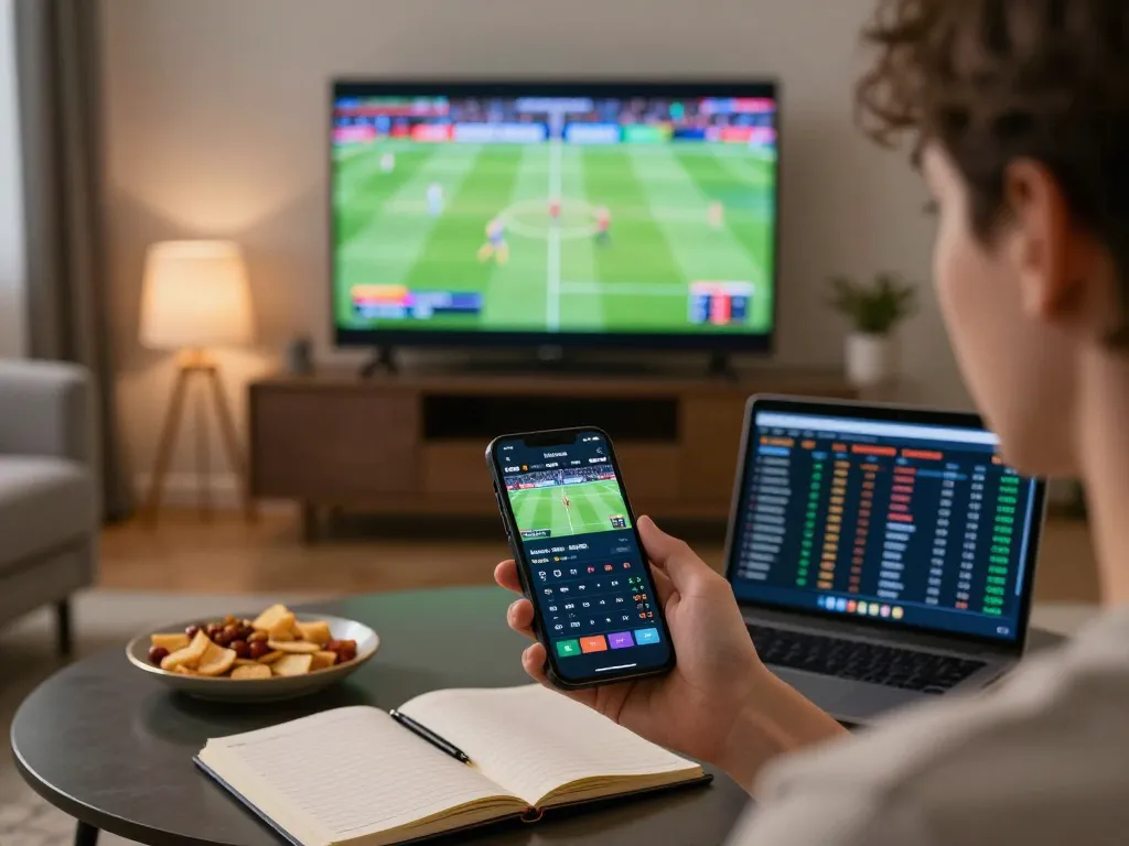 Betting on sports through Nhà cái ko66 app in a cozy living room, showcasing a responsible gambling moment