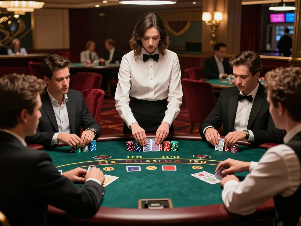 Người chơi 12bet tham gia chơi blackjack tại một bàn casino sang trọng, thể hiện gameplay và không khí sôi động.