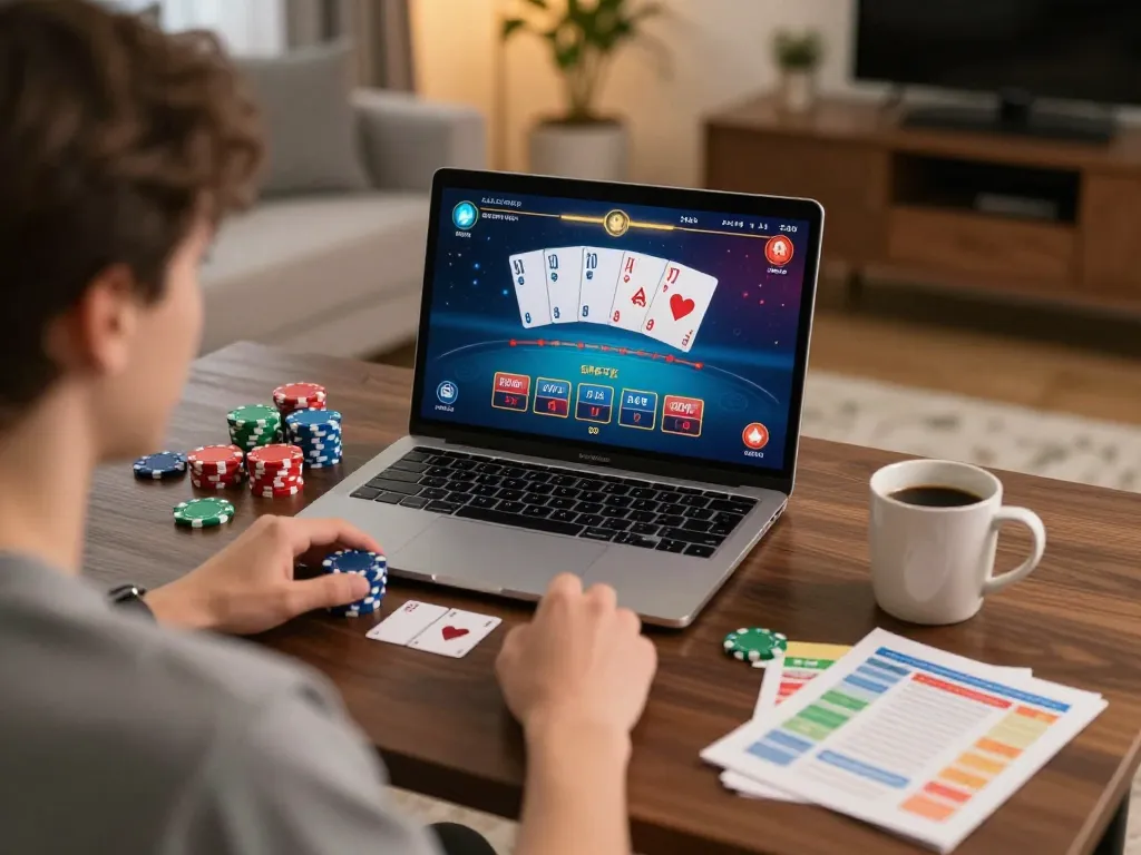 Engaging in blackjack on ai88bet in a cozy home setting, highlighting online gambling excitement.