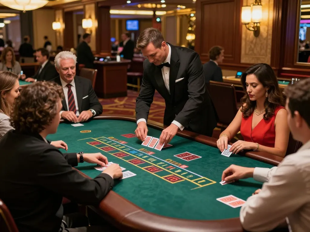 Engaged players at a QQ88 blackjack table during an exciting game night with warm casino lighting.