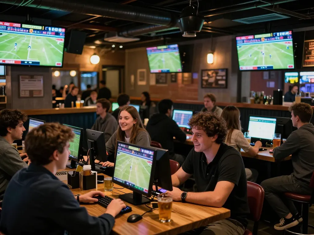 Fans engaging with luongson live sports betting apps in a vibrant sports bar atmosphere