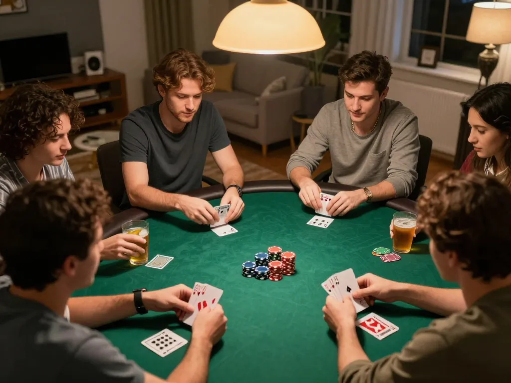 Engaging home poker night showcasing players revealing hands with Link Sky88 chính thức in dynamic game moments.