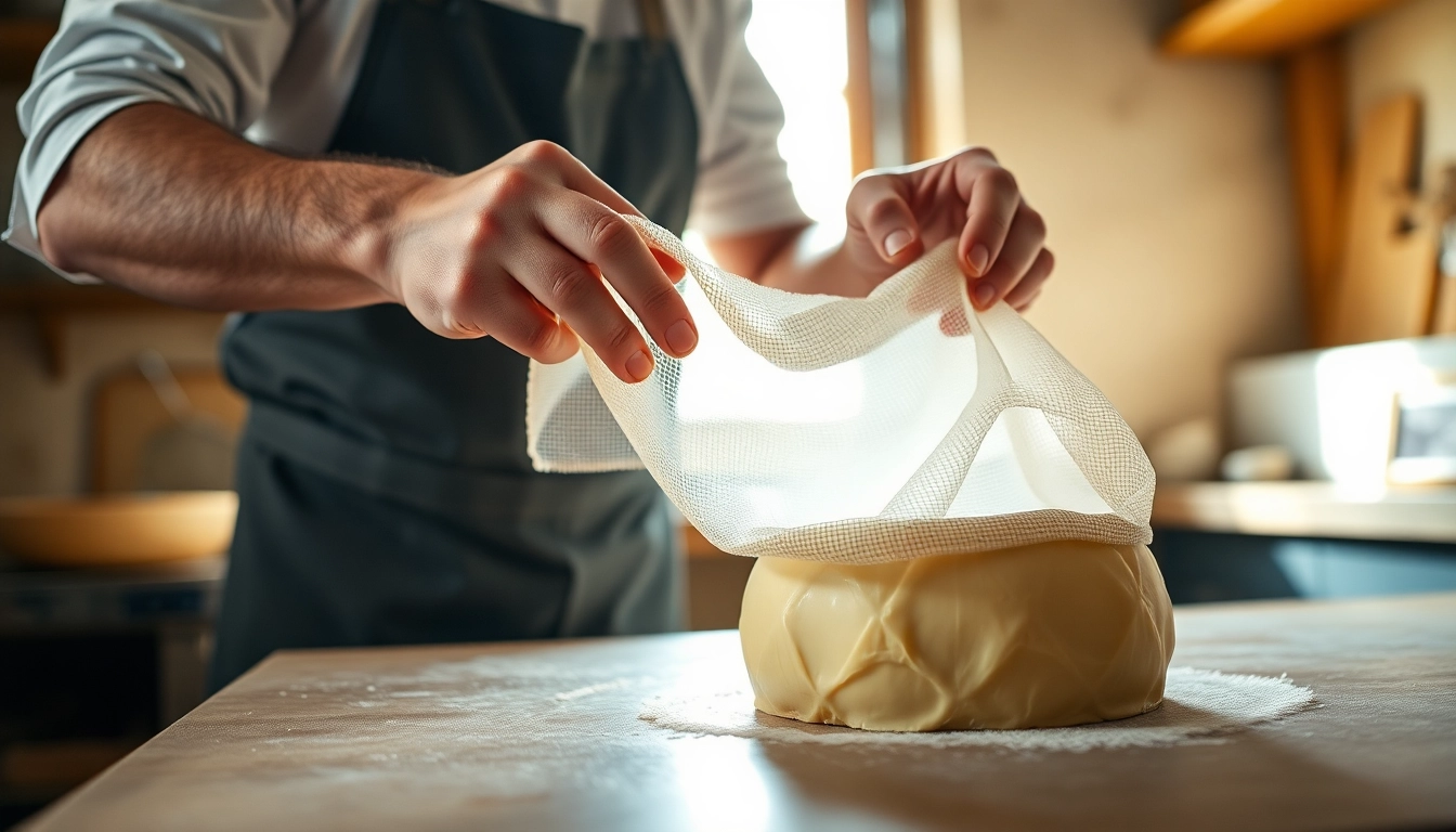 Kaasdoek wordt vakkundig gebruikt door een ambachtsman in een rustieke keuken.