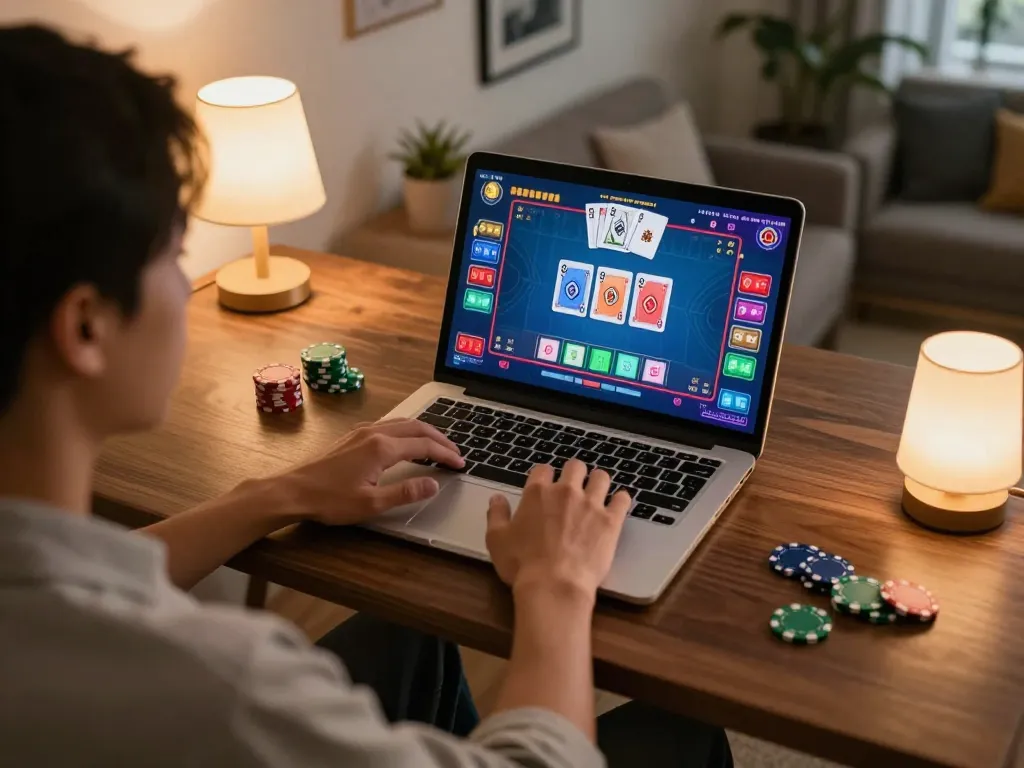 Engaging in online poker on trang chủ gg88 with vibrant game interface in a cozy home setting.