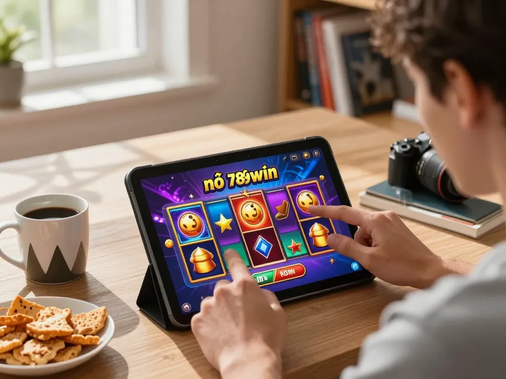 Engaging in nổ hũ 789win on a tablet, highlighting excitement and strategic gameplay in a cozy home setting.