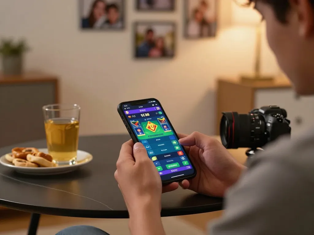 Engaging with SC88 app on smartphone showcasing live betting options during a cozy home gaming session.