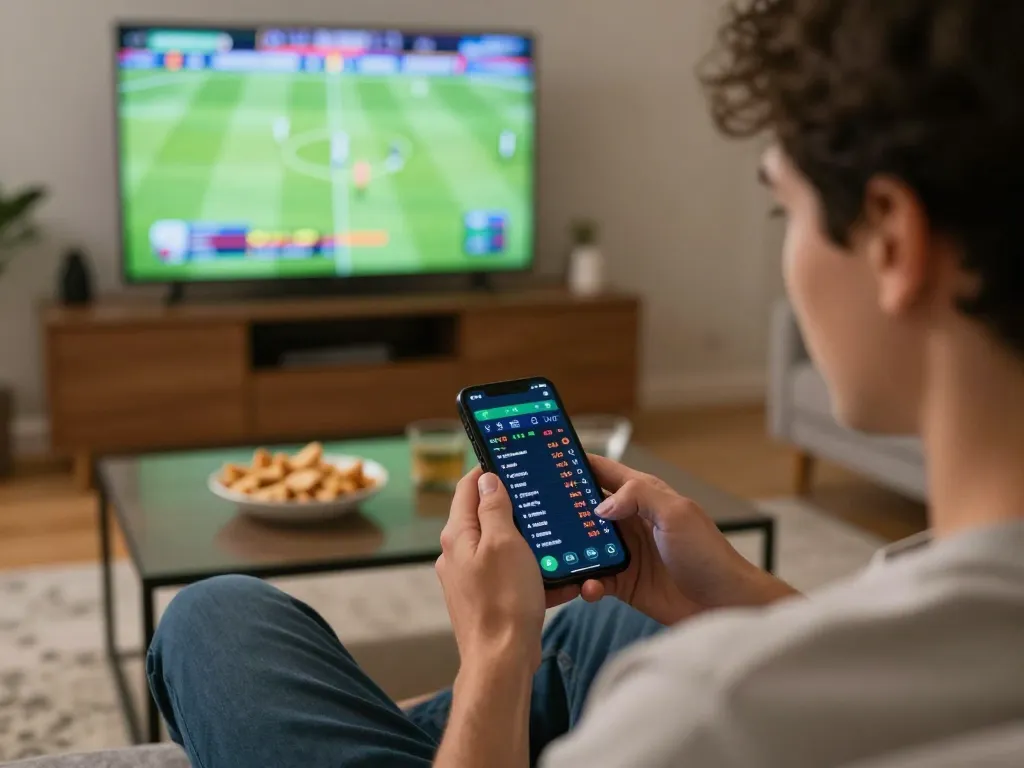 Expertly analyzing tỷ lệ nhà cái while placing bets on a smartphone during a sports game.