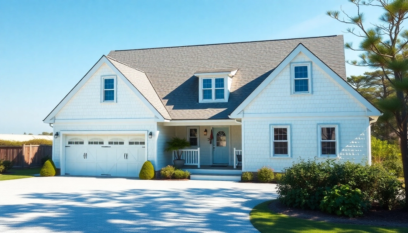 Cape Cod homes with an attached garage surrounded by coastal scenery and greenery.
