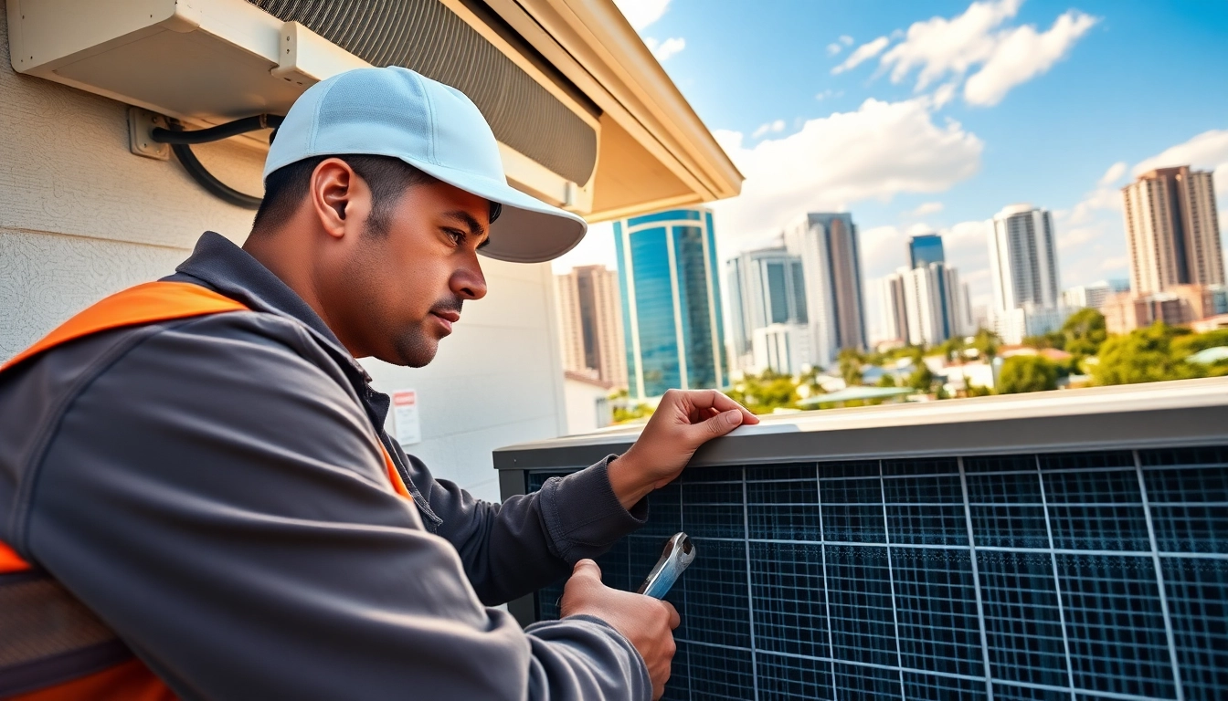 Air Conditioning Repair Tampa professional fixing AC unit outdoors with Tampa skyline in background.