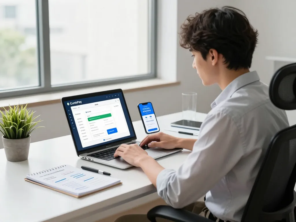 Accessing Jamaica Bank features on CuminPay's virtual card interface in a modern workspace.