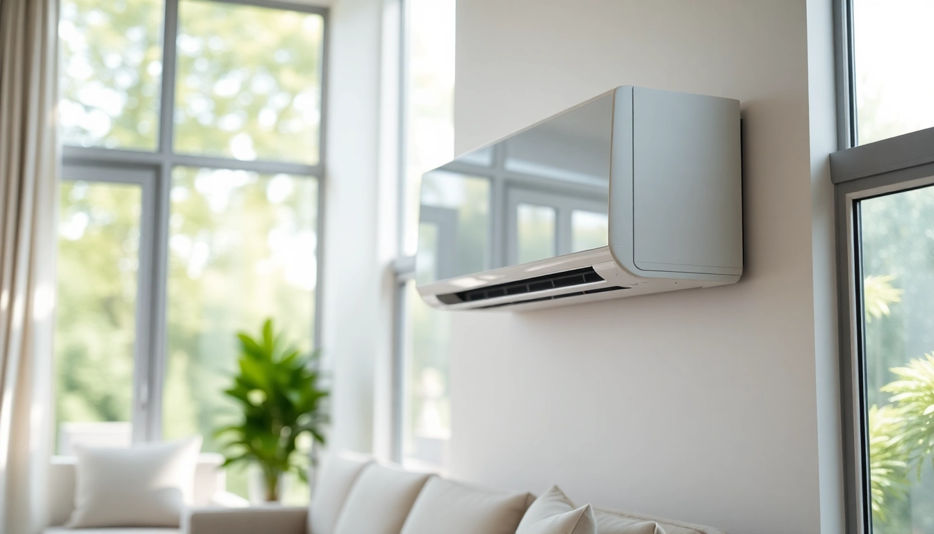 Install a mitsubishi mini split ac in a stylish living room setting with bright natural lighting.