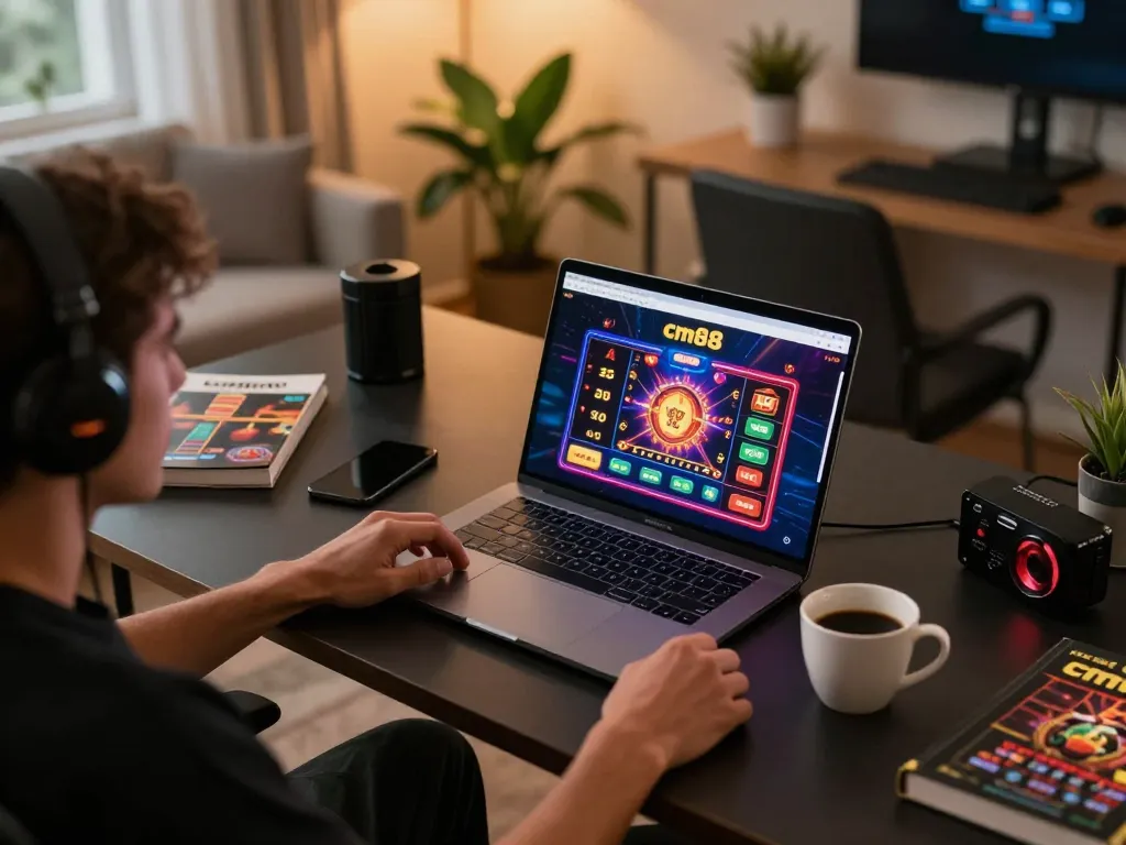 Engage with cm88 casino games through a cozy online gaming setup at home, showcasing vibrant interfaces.
