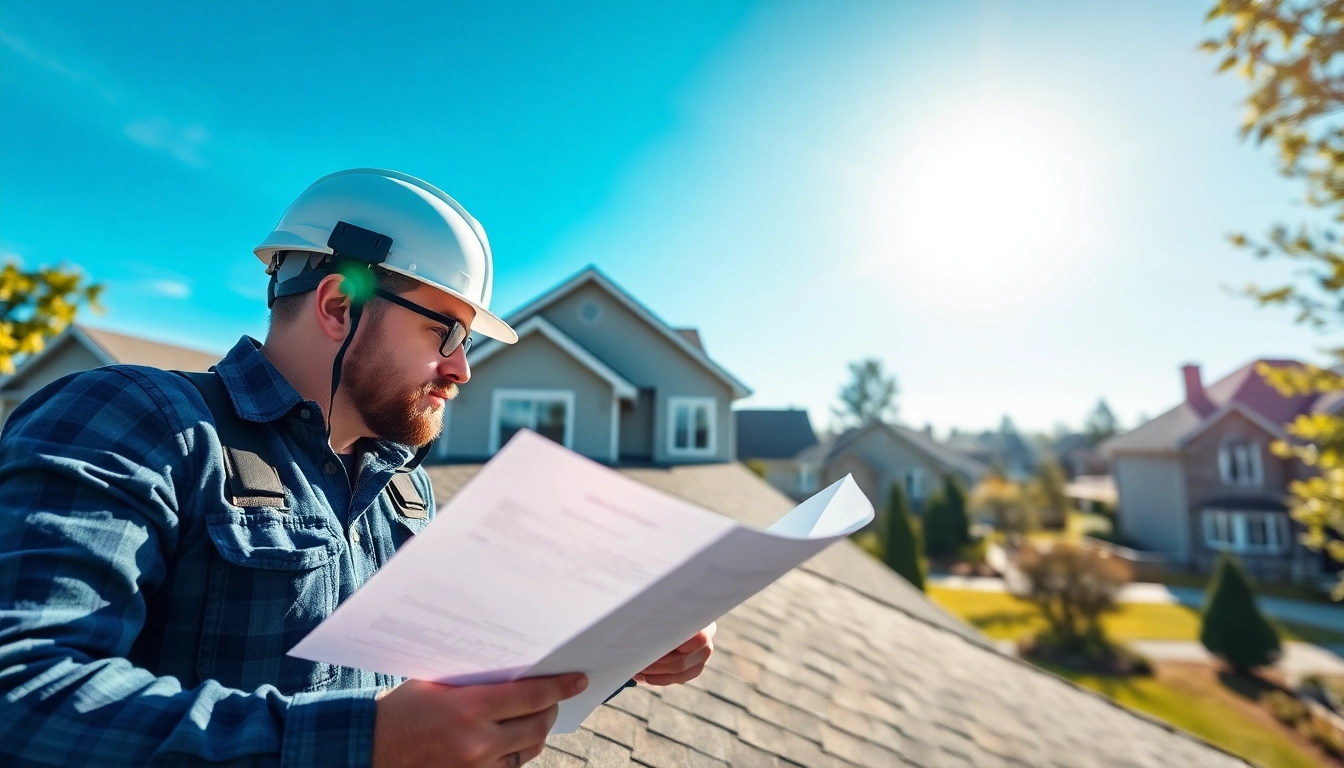 Roofing contractor analyzing roof plans in a sunny suburban setting.