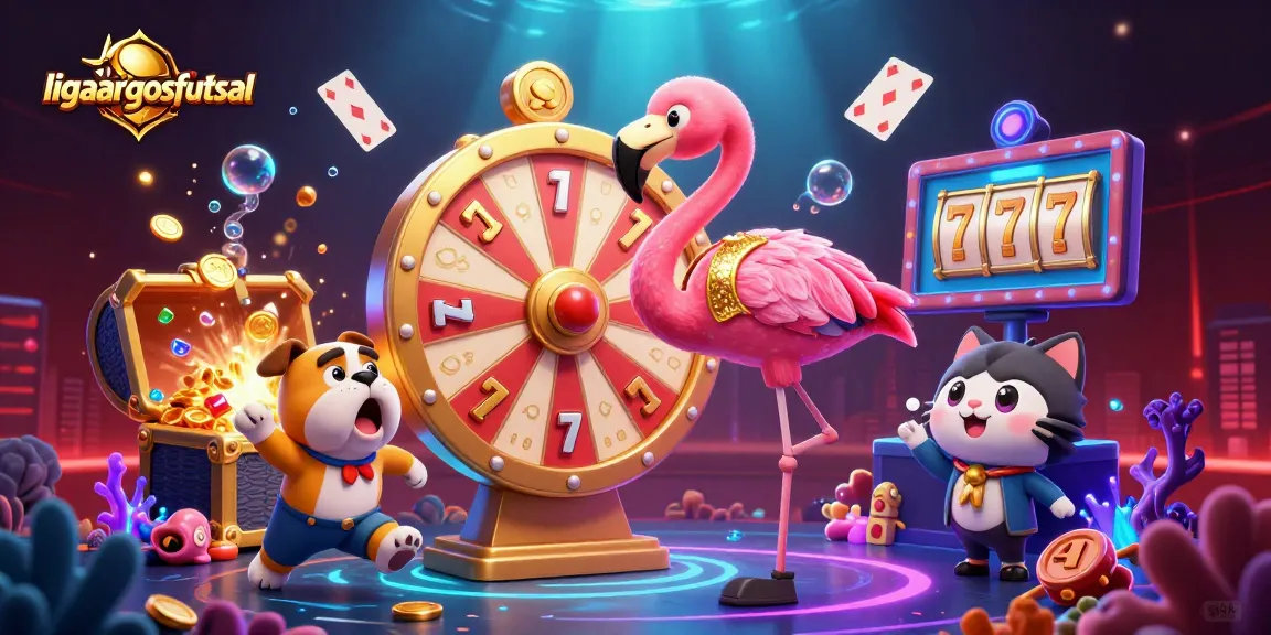 Engage with exciting games on ligaargosfutsal while spinning a golden prize wheel in a vibrant casino scene.