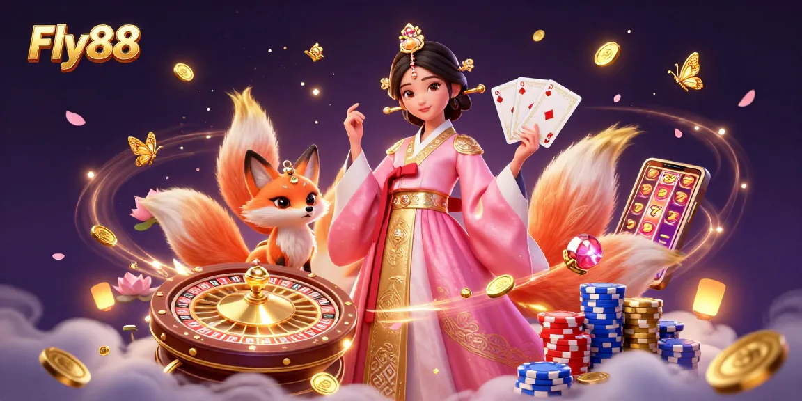 Experience Fly88 with dynamic gaming elements and vibrant characters in a rich 3D casino illustration.