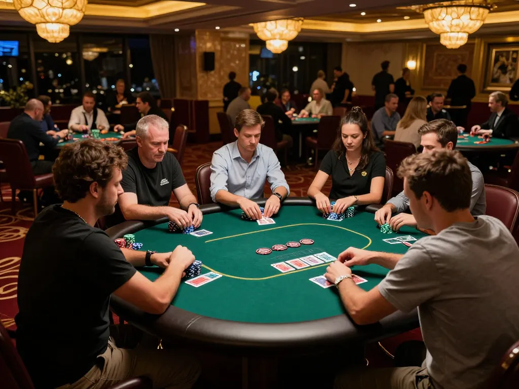 Engaged players utilizing the lc88app for strategic poker gameplay in a luxurious casino.