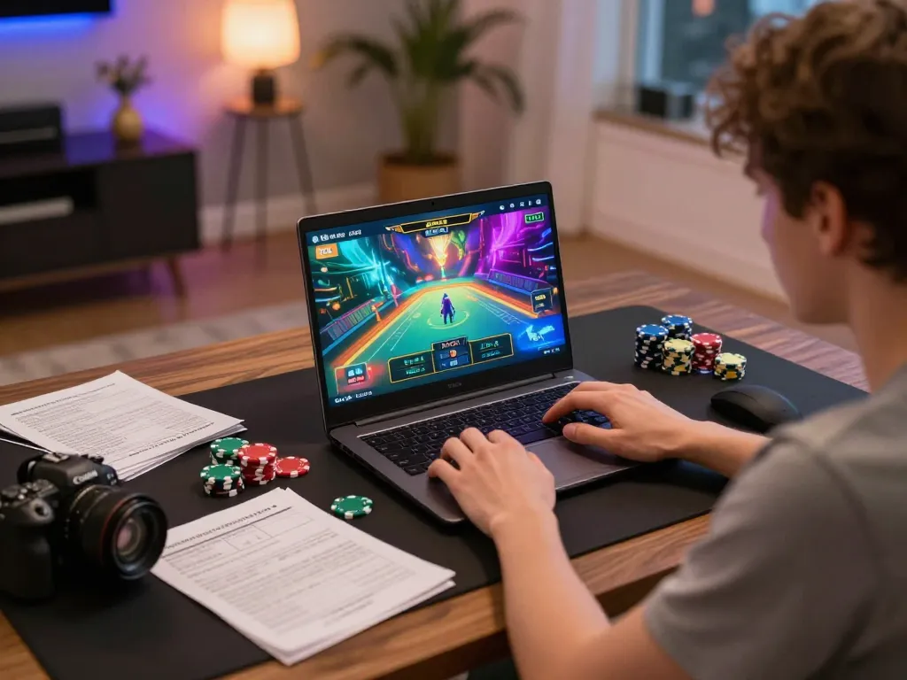 Player immersed in online gaming experience on laptop, showcasing the thrill and strategy of 88xeng.