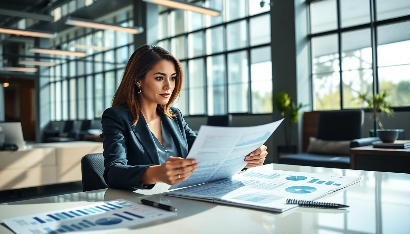 Engaging businesswoman conducting Bid-No-Bid Analysis in a modern office setting.