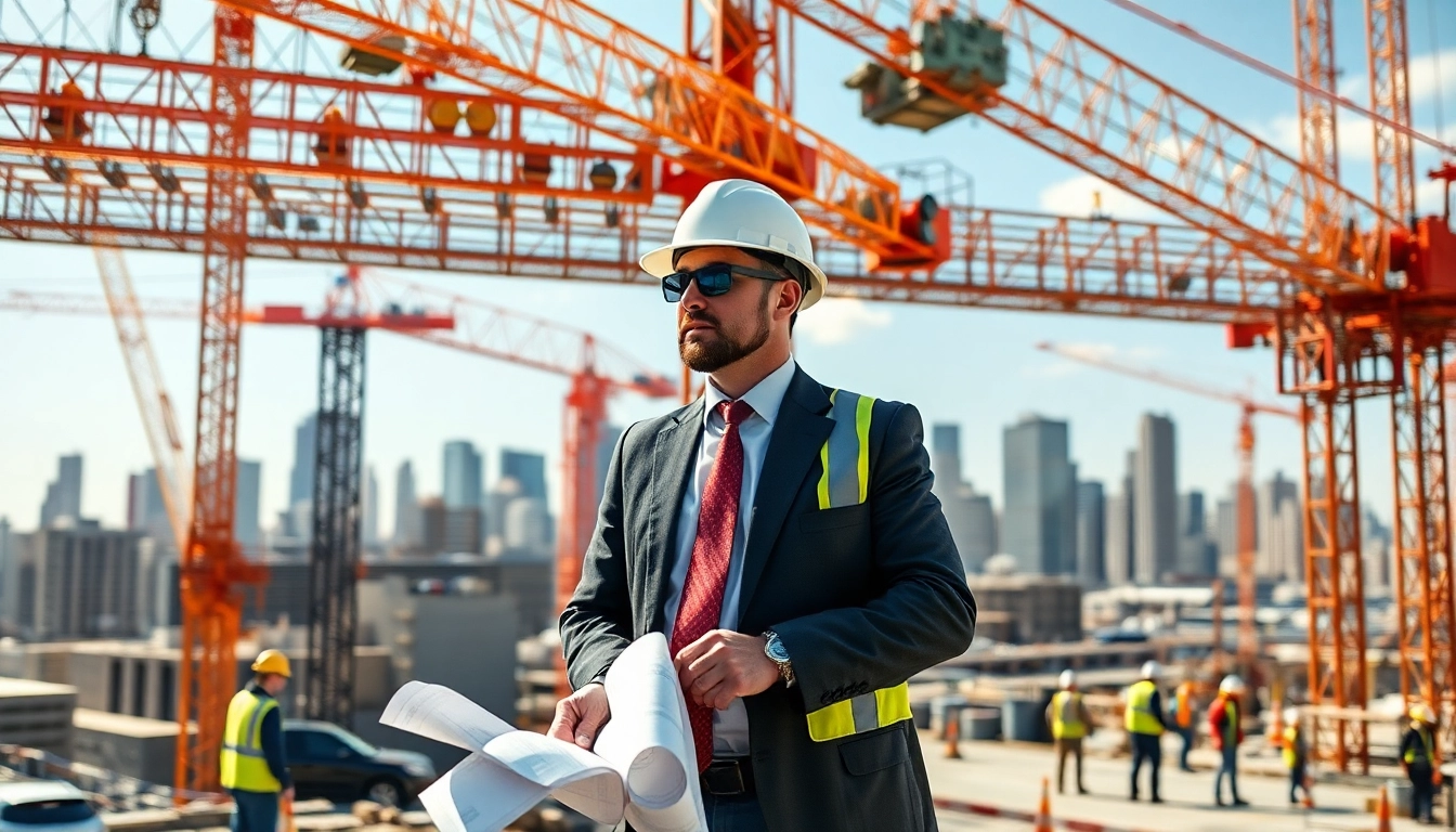 New York Construction Manager supervising a busy construction site filled with workers and cranes.