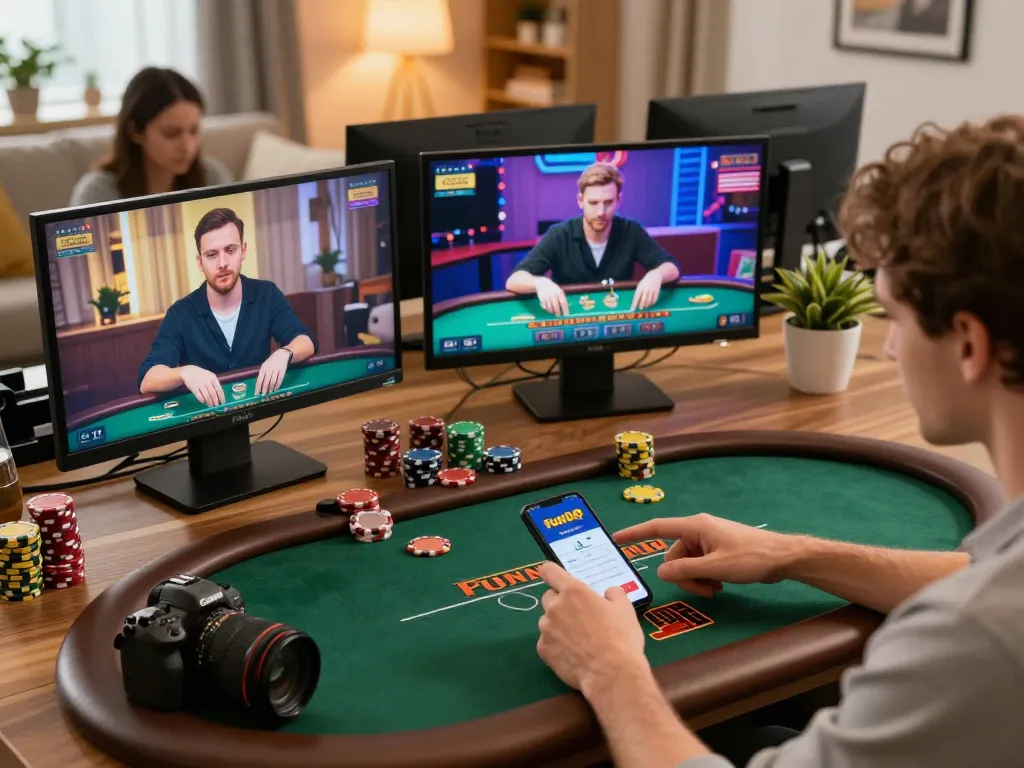 Engaging fun88 online poker gameplay on mobile app, showcasing strategic betting at home.