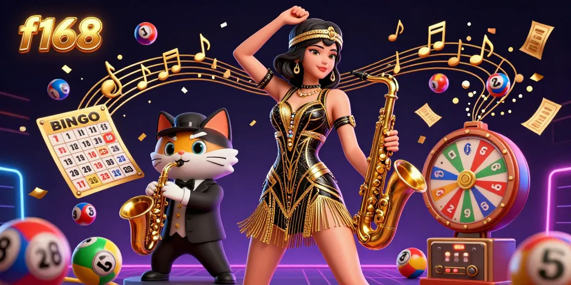 Experience thrilling gameplay with f168 as colorful lottery elements swirl around a dancing flapper and saxophone-playing cat.