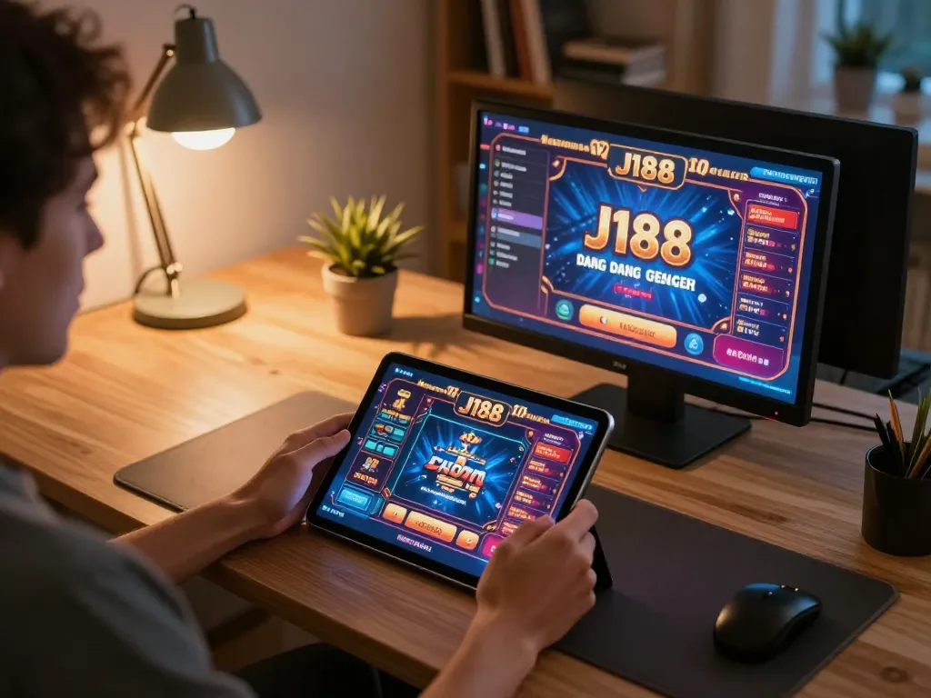Engaging scene of a user accessing J188 đăng nhập for online casino games on a tablet, surrounded by a cozy home office.