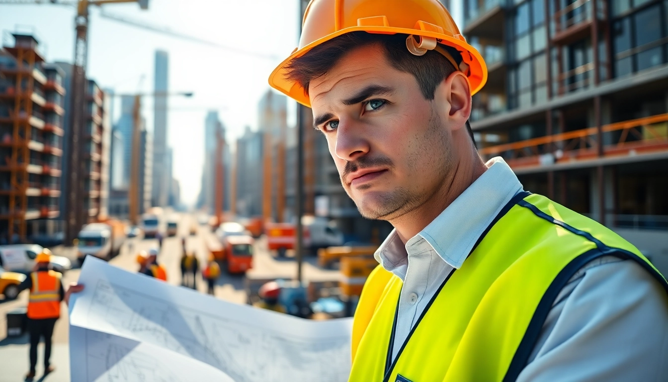 Engaged New York Construction Manager analyzing project plans on-site with construction workers in the background.