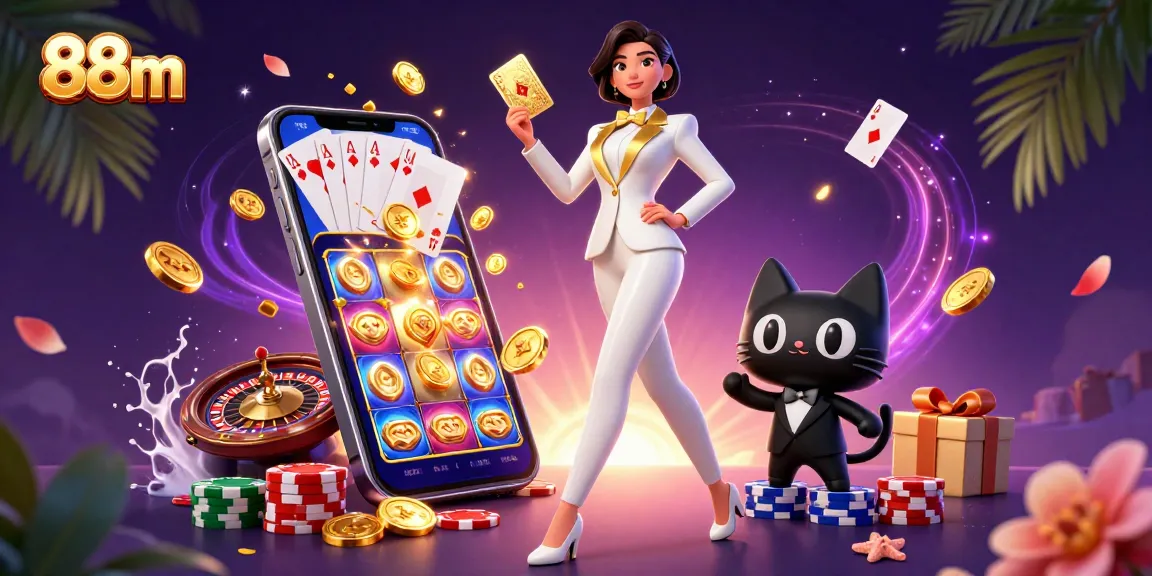 Engage in thrilling gameplay with 88m, featuring a glamorous woman shuffling cards alongside a stylish cat.