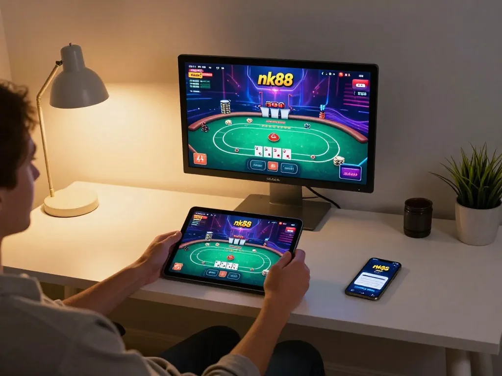 Engaged gamer accessing nk88 link for online casino gameplay on tablet, showing poker interface in a cozy home setting.
