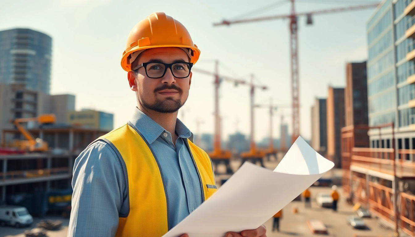 New Jersey Construction Manager overseeing urban project site with cranes and workers.