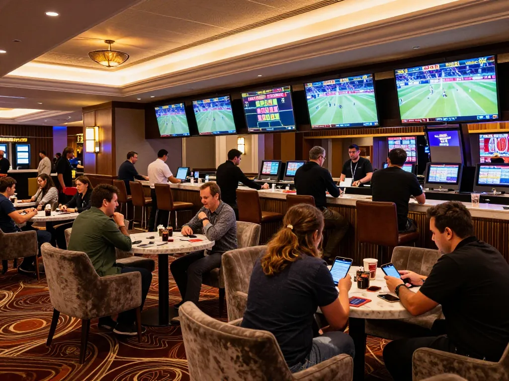 Engaging sports betting atmosphere with nowgoal 2in1 updates on screens and eager bettors placing wagers