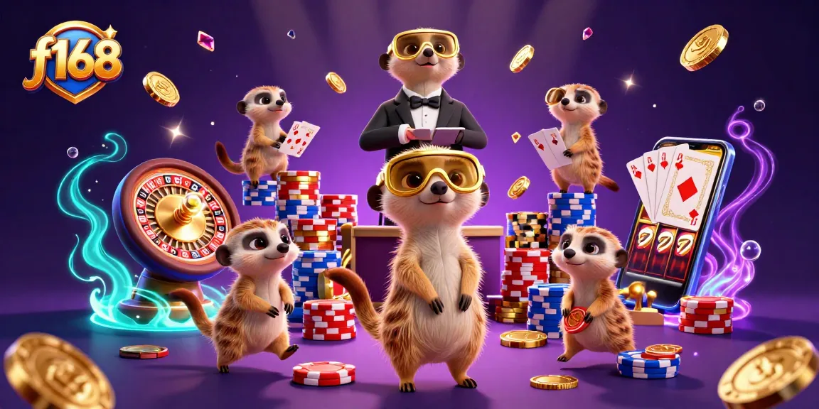 Experience exciting gameplay at f168 with meerkats managing a lively casino, showcasing vibrant chips and cards.