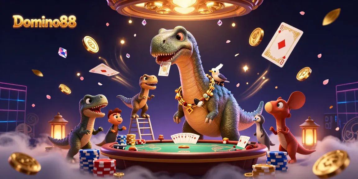 Domino88 transforms gameplay with a vibrant poker scene featuring animated characters and casino elements.