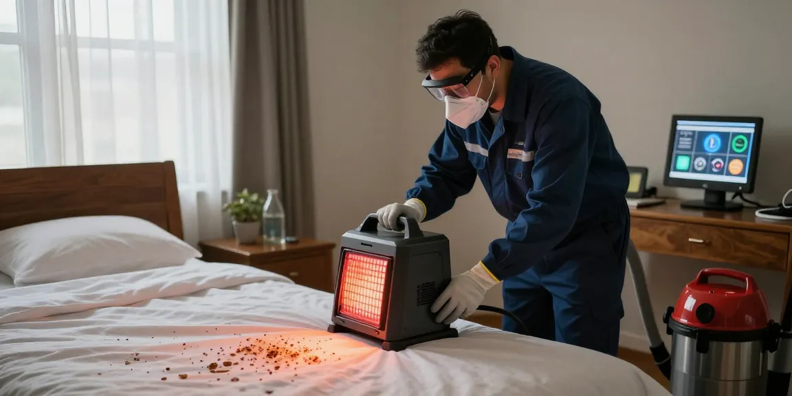 Expert bed bug heat treatment setup in a discreet bedroom environment with professional equipment.