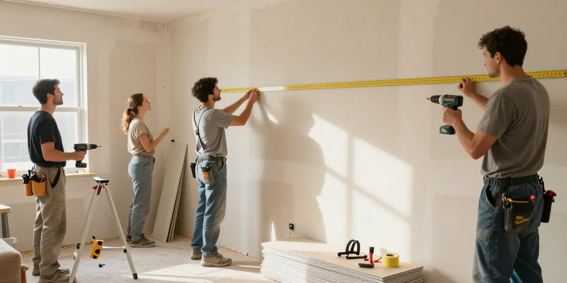 HubPro drywall team repairing walls with precision, showcasing teamwork and craftsmanship in a well-lit living room
