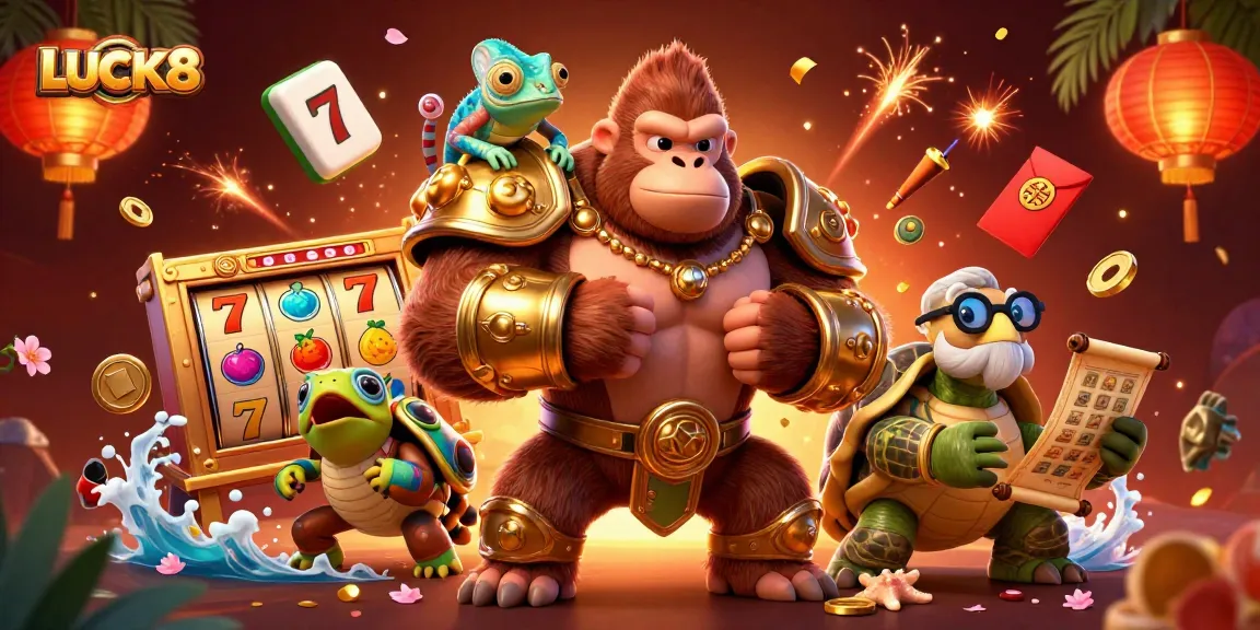 Experience thrills and excitement with LUCK8's colorful slot symbols and characters in a vibrant casino scene.