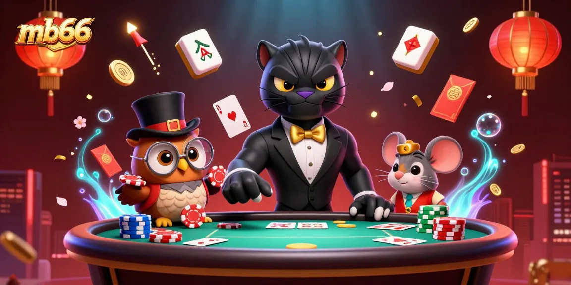 Engage in thrilling card games with mb66 in a vibrant casino setting with charming characters.