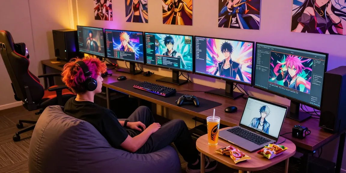 Ecchi bot interactive gaming setup with vibrant anime characters and cozy atmosphere
