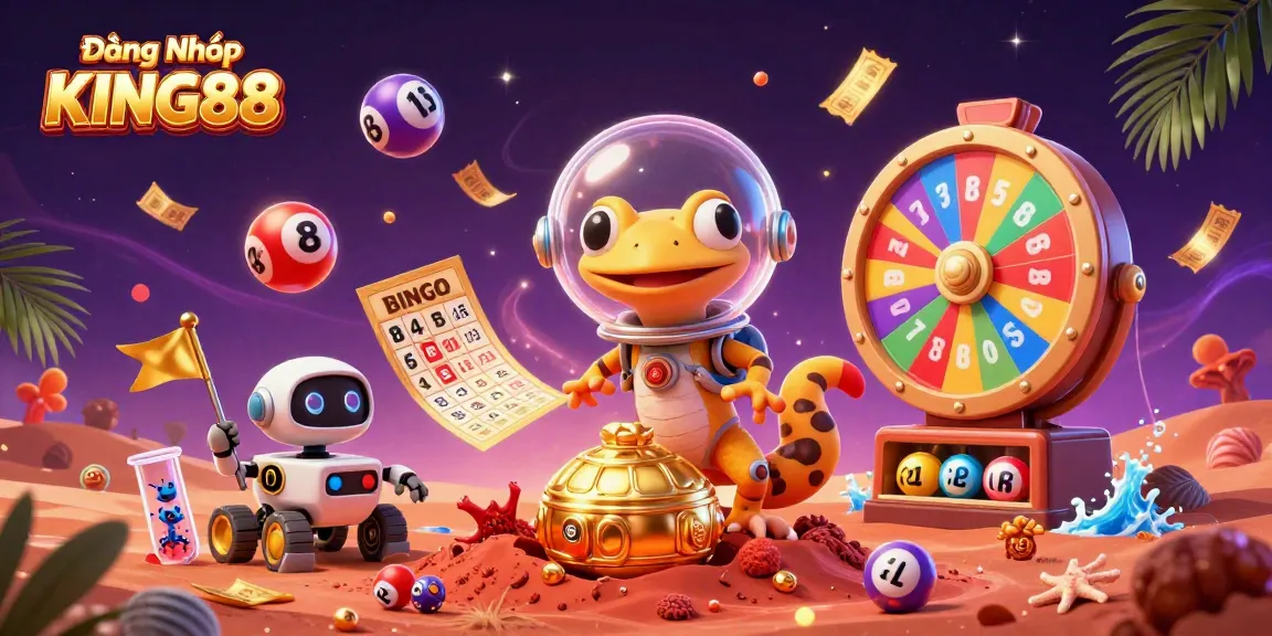 Engage with Đăng Nhập KING88 through a vibrant 3D casino discovery scene featuring a Martian gecko and dynamic casino elements.
