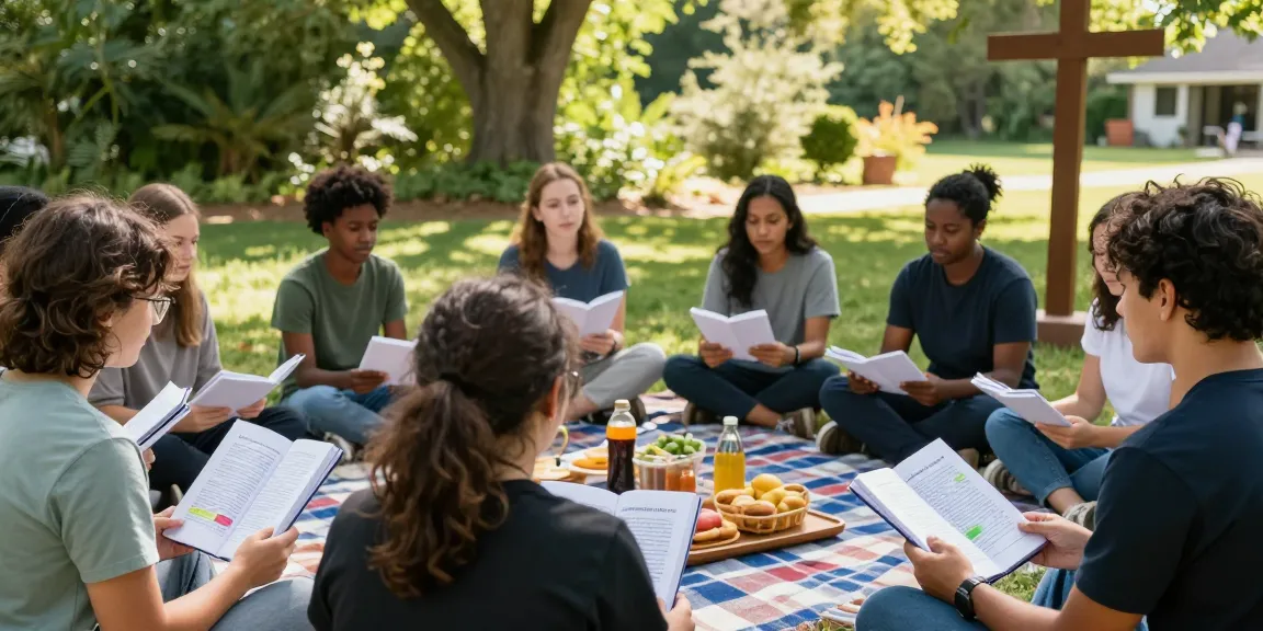 Group discussion on spiritual lessons from the Churches Guide by Richard French in a serene outdoor setting.