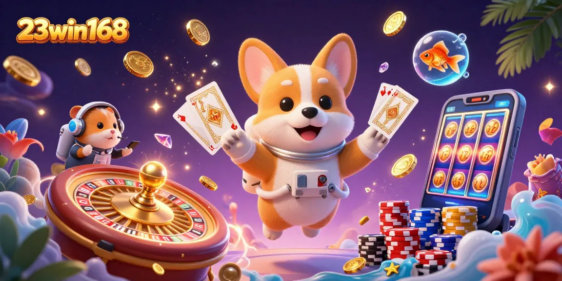 Experience thrilling gaming adventures with 23win168 in a vibrant space station casino, featuring playful characters.
